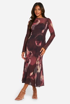 Boat Neck Floral Mesh Print Godet Hem Midi Dress