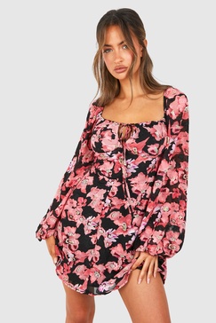 Textured Floral Balloon Sleeve Milkmaid Mini Dress
