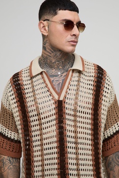 Tall Boxy Oversized Stripe Open Knit Polo