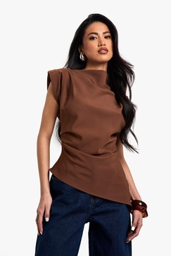 Gathered Shoulder Pad Asymmetric Blouse