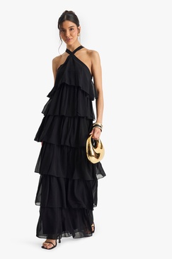 Chiffon Tiered Halterneck Maxi Dress