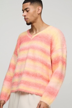 Oversized Boxy Brushed Stripe V Neck Knitted Sweater