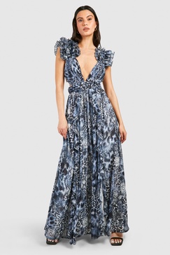 Leopard Ruffle Cut Out Maxi Dress