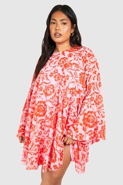 Plus Floral Print Flared Sleeve Smock Dress