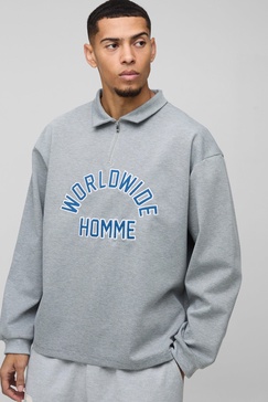 Oversized Worldwide Applique Half Zip Rugby Polo
