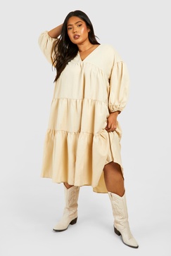 Plus Poplin V Neck Tiered Midi Smock Dress
