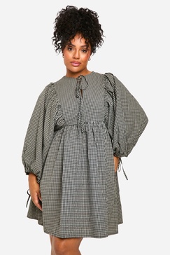 Plus Check Blouse Sleeve Smock Dress