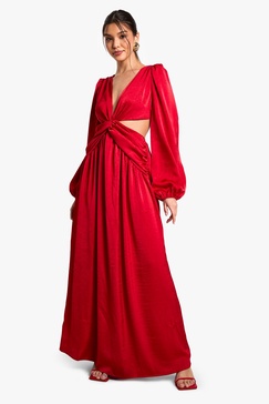 Textured Satin Cut Out Plunge Maxi Dress