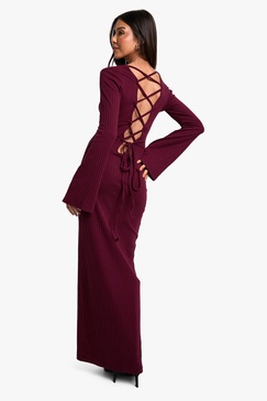 Wide Rib Tie Back Flare Sleeve Maxi Dress