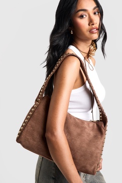 Faux Suede Studded Handle Slouchy Shoulder Bag