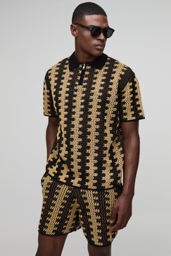 Oversized Boxy Crochet Look Stripe Shorts Knitted Polo Set