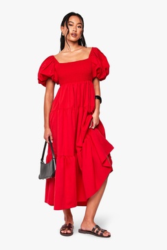 Tiered Shirred Midaxi Smock Dress