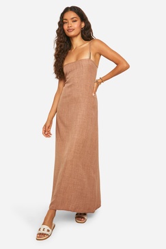 Linen Look Strappy Metal Trim Midi Dress