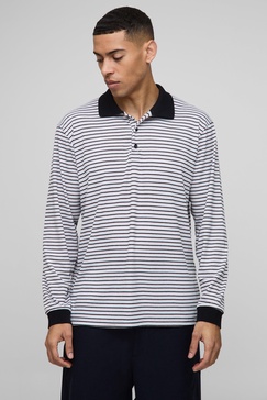 Regular Fit Stripe Rib Long Sleeve Rugby Polo