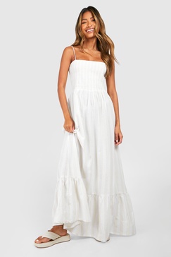 Linen Look Shirred Stripe Bandeau Maxi Dress