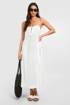 Linen Tie Front Milkmaid Midi Dress