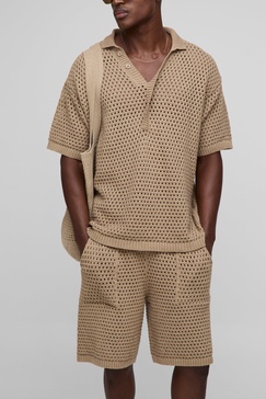 Oversized Open Stitch Extended Placket Knitted Polo Set