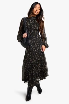 Ditsy Floral Chiffon High Neck Midaxi Dress