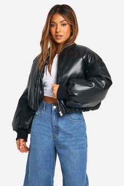 Petite Embossed Faux Leather Oversized Bomber Jacket 