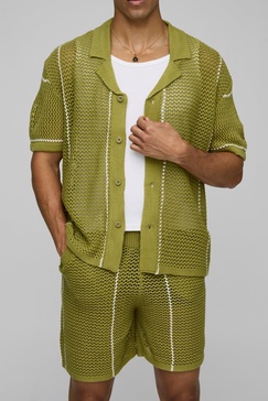 Boxy Revere Collar Open Stitch Stripe Shorts Set