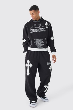 Oversized Boxy Limited Edition Cross Applique Hoodie and Sweatpants Tracksuit
