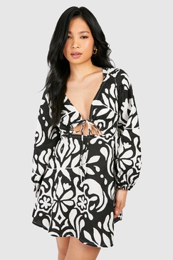 Petite Mono Printed Linen Look Mini Dress