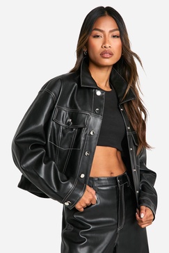 Contrast Stitch Detail Faux Leather Jacket