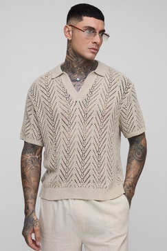Tall Boxy Oversized Abstract Stripe Crochet Polo