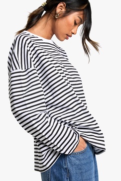 Boohoo Basics Cotton Oversized Long Sleeve Striped T-shirt 