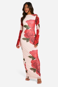 Boat Neck Rose Mesh Print Flare Sleeve Maxi Dress
