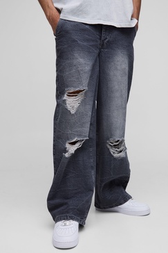 Baggy Rigid Boxer Waistband Ripped Crinkle Washed Denim Jeans