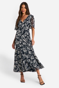 Printed Chiffon Angel Sleeve Midi Dress