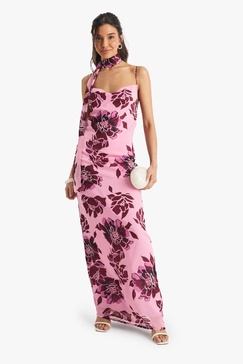 Floral Chiffon Slip Dress with Neck Tie