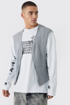 Boxy Acid Wash Ribbed Knit Vest In Grey