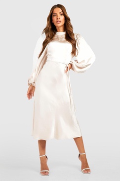 Satin High Neck Balloon Sleeve Midi Dress