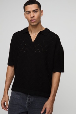 Oversized Boxy V Neck Geometric Knitted Polo