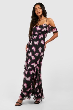 Printed Draped Sleeve Maxi Slip Dress