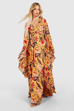 Tropical Floral Chiffon Print Cut Out Maxi Dress