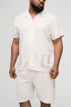 Plus Regular Linen Look Border Print Shirt and Short Set
