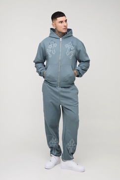 Tall Oversized Boxy Cross Embroidered Zip Through Hooded Tracksuit