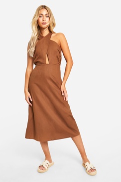 Linen Look Cross Over Midi Dress
