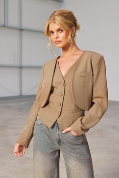 Marl Curved Lapel Cropped Tailored Blazer 