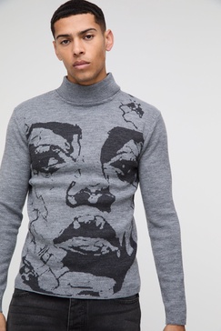 Muscle Fit Extended Neck Plated Face Graphic Knitted Sweater