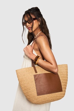 Contrast PU Detail Raffia Tote Bag