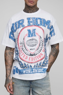 Tall Pour Homme Oversized Over The Seam Varsity Print T-Shirt