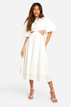 Textured Puff Sleeve Midi Dress