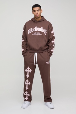 Oversized Boxy Cross Applique Hooded Tracksuit