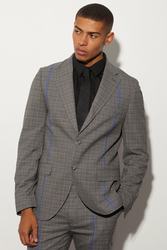 Slim Fit Plaid Contrast Stitch Suit Jacket