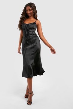 Satin Lace Up Corset Midi Dress