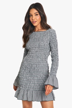 Check Shirred Long Sleeve Mini Dress